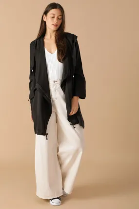 Draped Wide Asymmetrical Lapel Collar Hooded Jacket