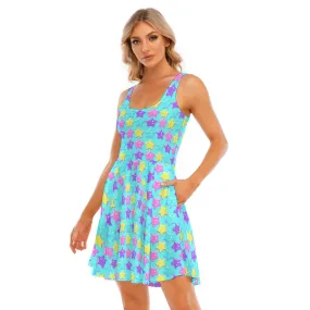 Electric Star Wave Blue Skater Dress With Pockets