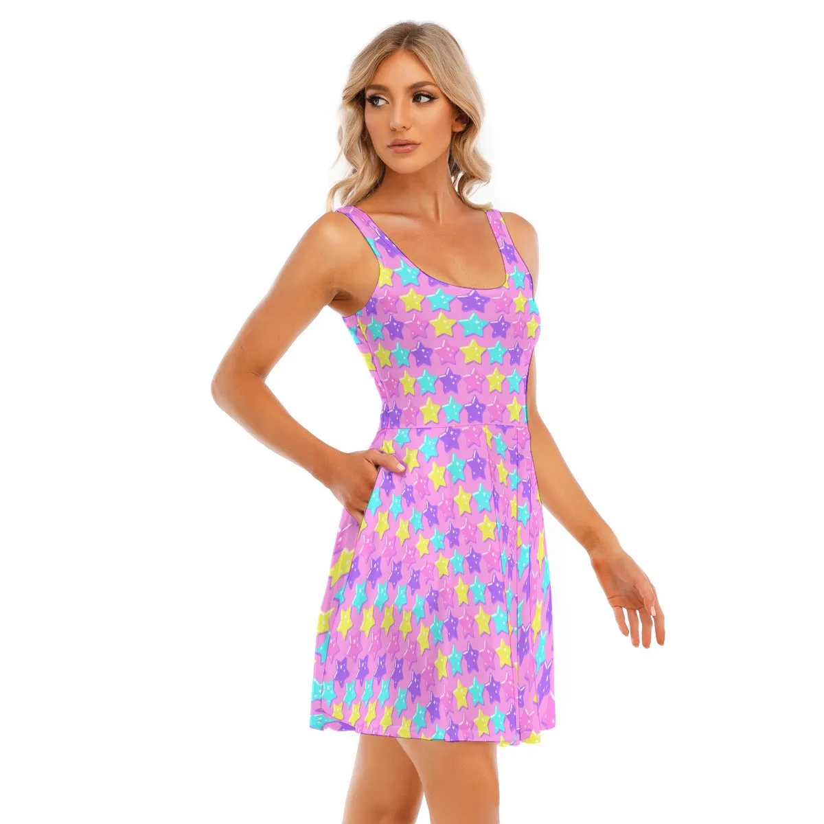 Electric Star Wave Pink Skater Dress With Pockets