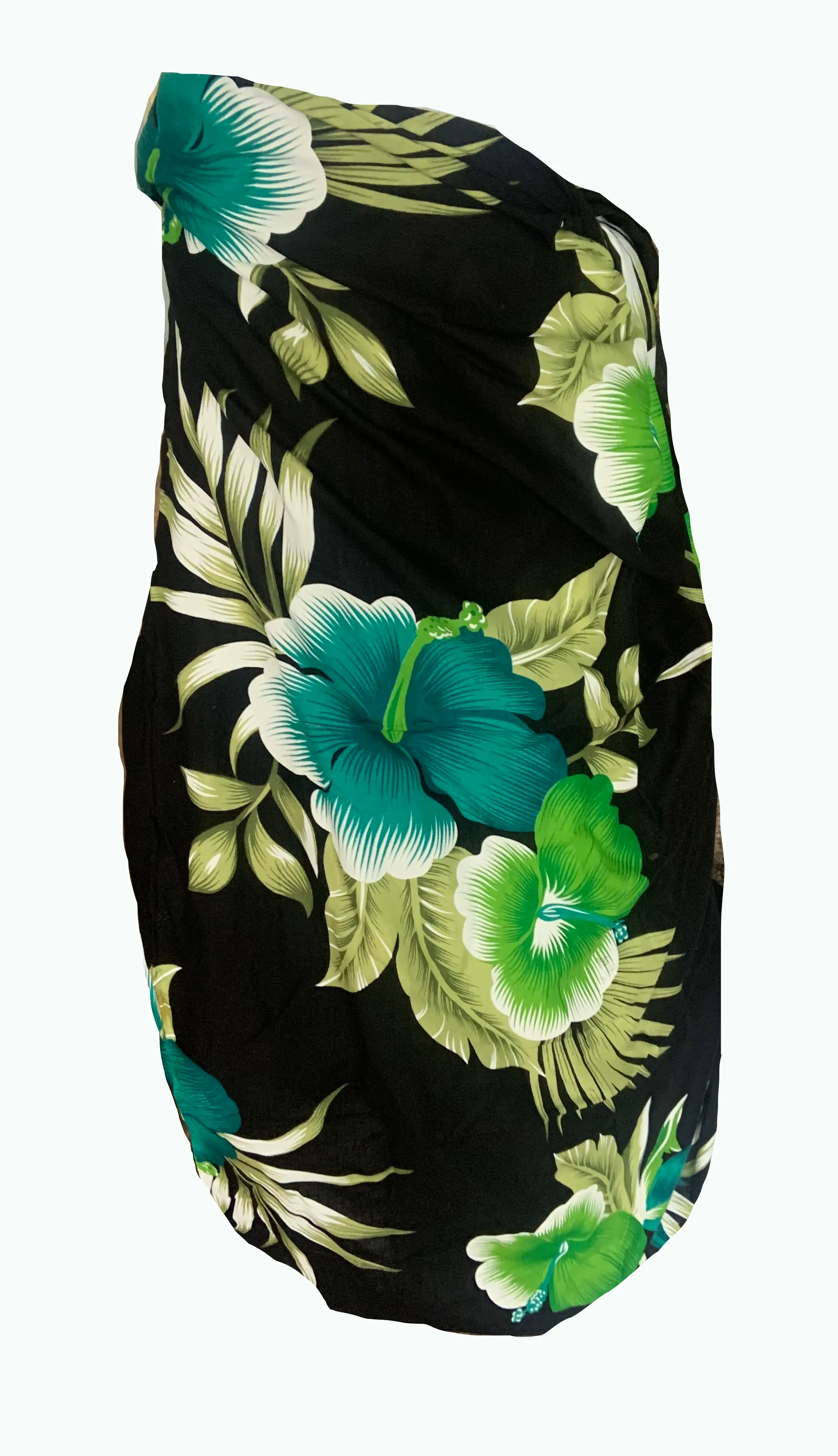 Elegant Black Sarong with Green Flower Pattern  - Sophisticated Beach Cover-Up