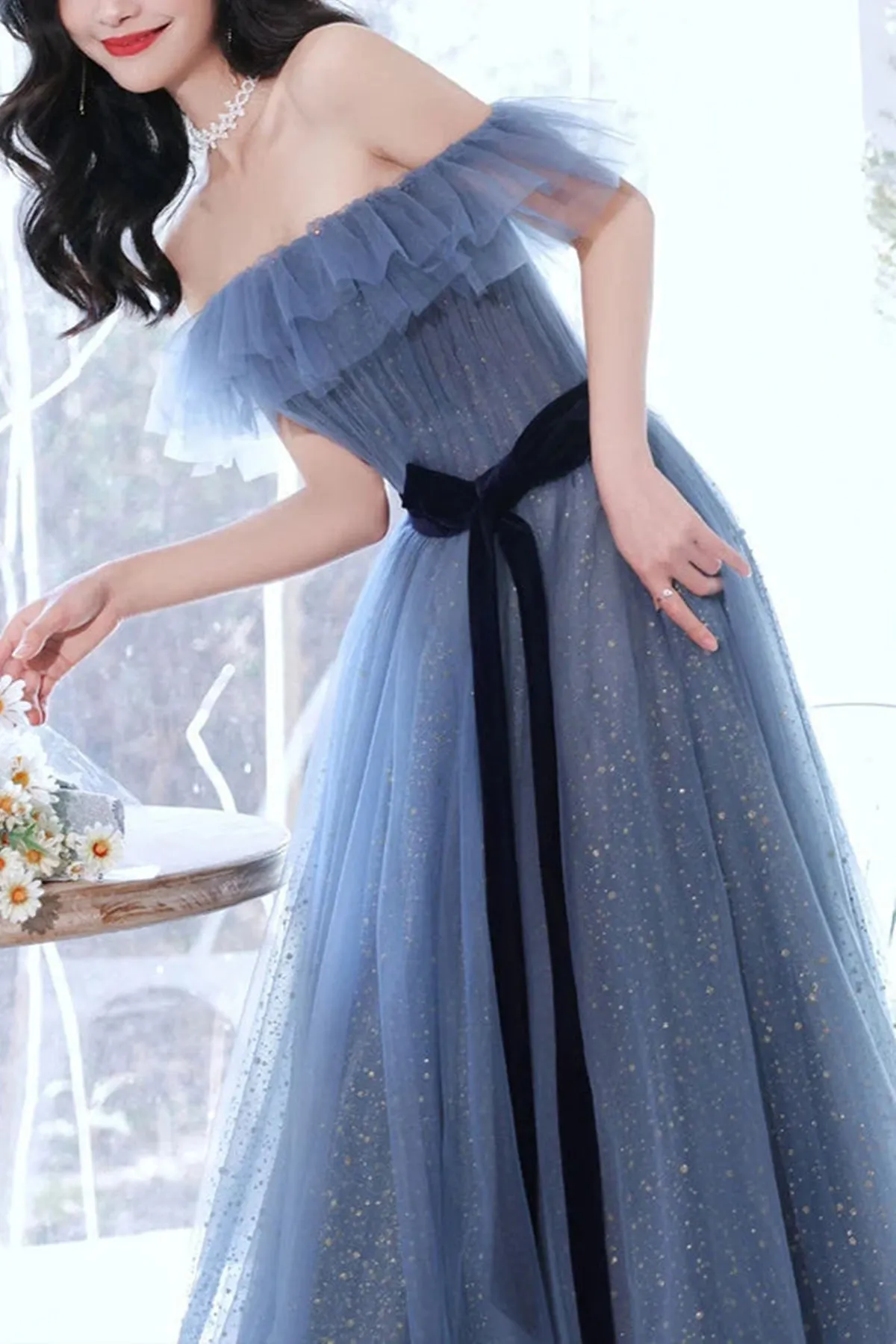 Elegant Off Shoulder Gray Blue Long Prom Dresses, Off the Shoulder Blue Gray Formal Dresses, Tulle Evening Dresses A1844