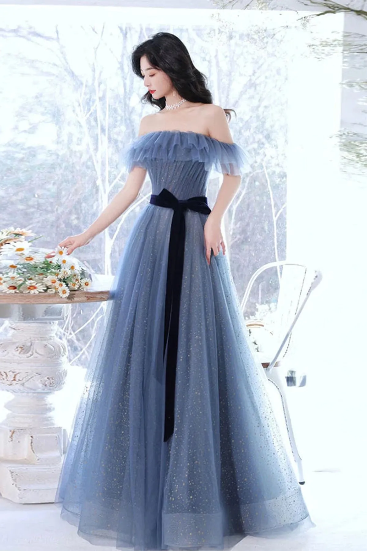 Elegant Off Shoulder Gray Blue Long Prom Dresses, Off the Shoulder Blue Gray Formal Dresses, Tulle Evening Dresses A1844