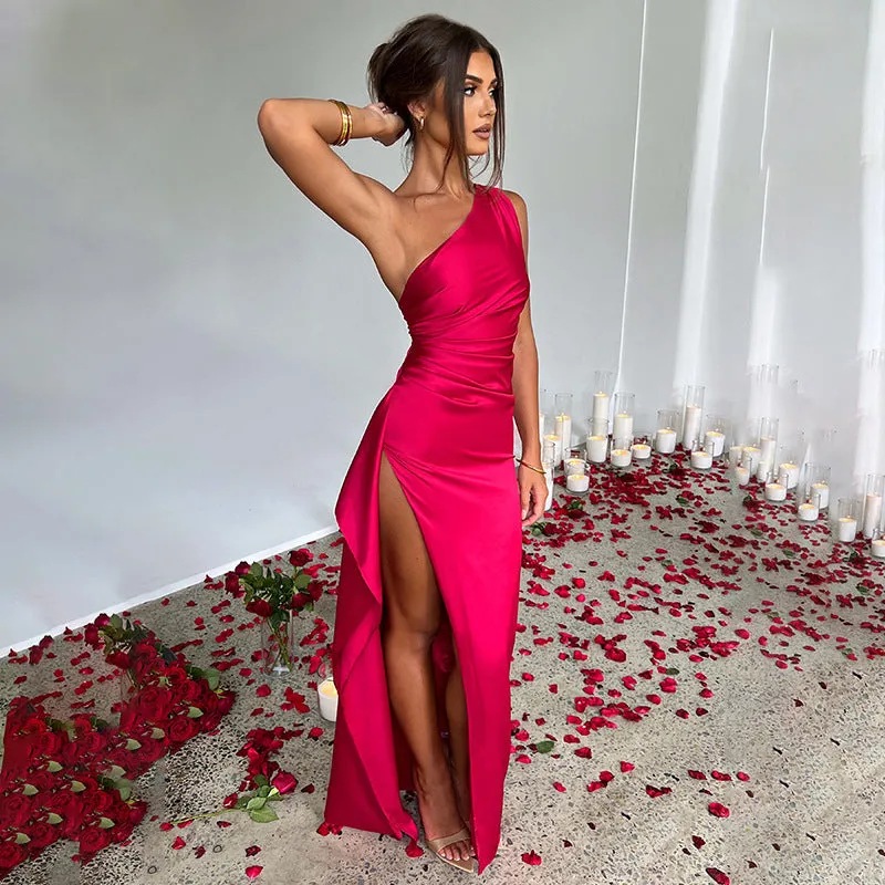 Elegant One-Shoulder Backless Satin Dress for Women with Slit – Summer Slim-Fit Solid Color