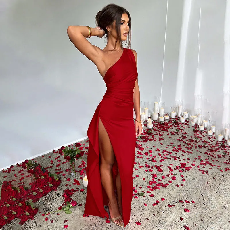 Elegant One-Shoulder Backless Satin Dress for Women with Slit – Summer Slim-Fit Solid Color