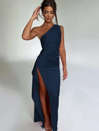 Elegant One-Shoulder Backless Satin Dress for Women with Slit – Summer Slim-Fit Solid Color