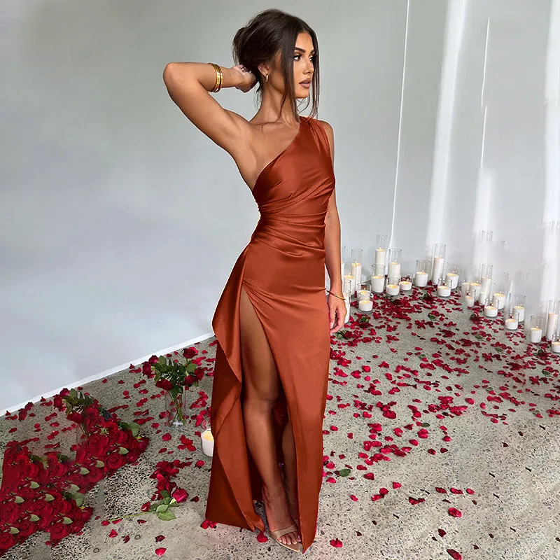 Elegant One-Shoulder Backless Satin Dress for Women with Slit – Summer Slim-Fit Solid Color