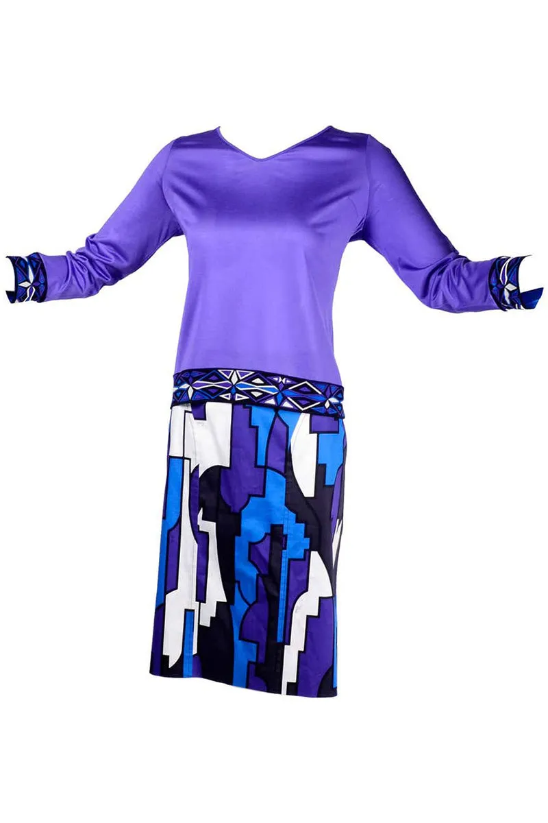 Emilio Pucci 2 Piece Abstract Geometric Skirt W Purple Jersey Top & Sash