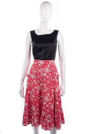 Exclusive Fashion Vintage Skirt Cotton Red Floral with Pockets UK10/12