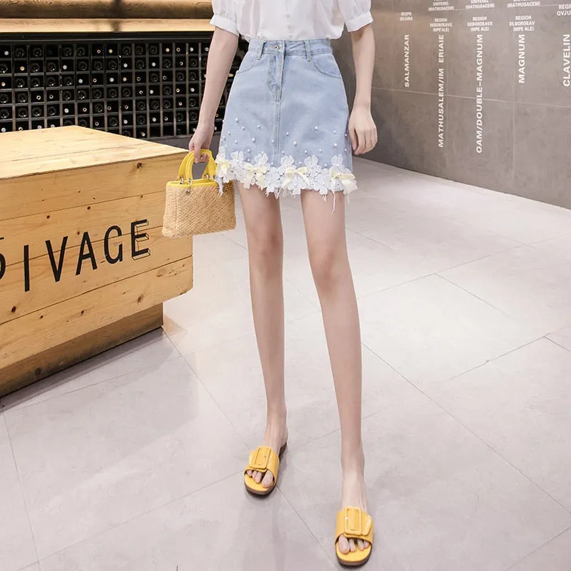 Fashion Lace Flower Denim Skirt Summer Pearl High Waist Ladies Jean Mini Skirt Causal Korean Slim Girls Short Faldas