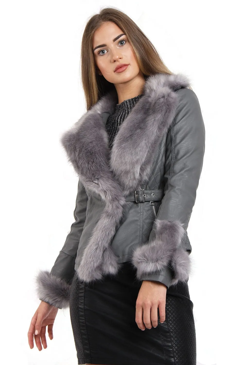 Faux Fur Belted Leather Look Biker Jacket