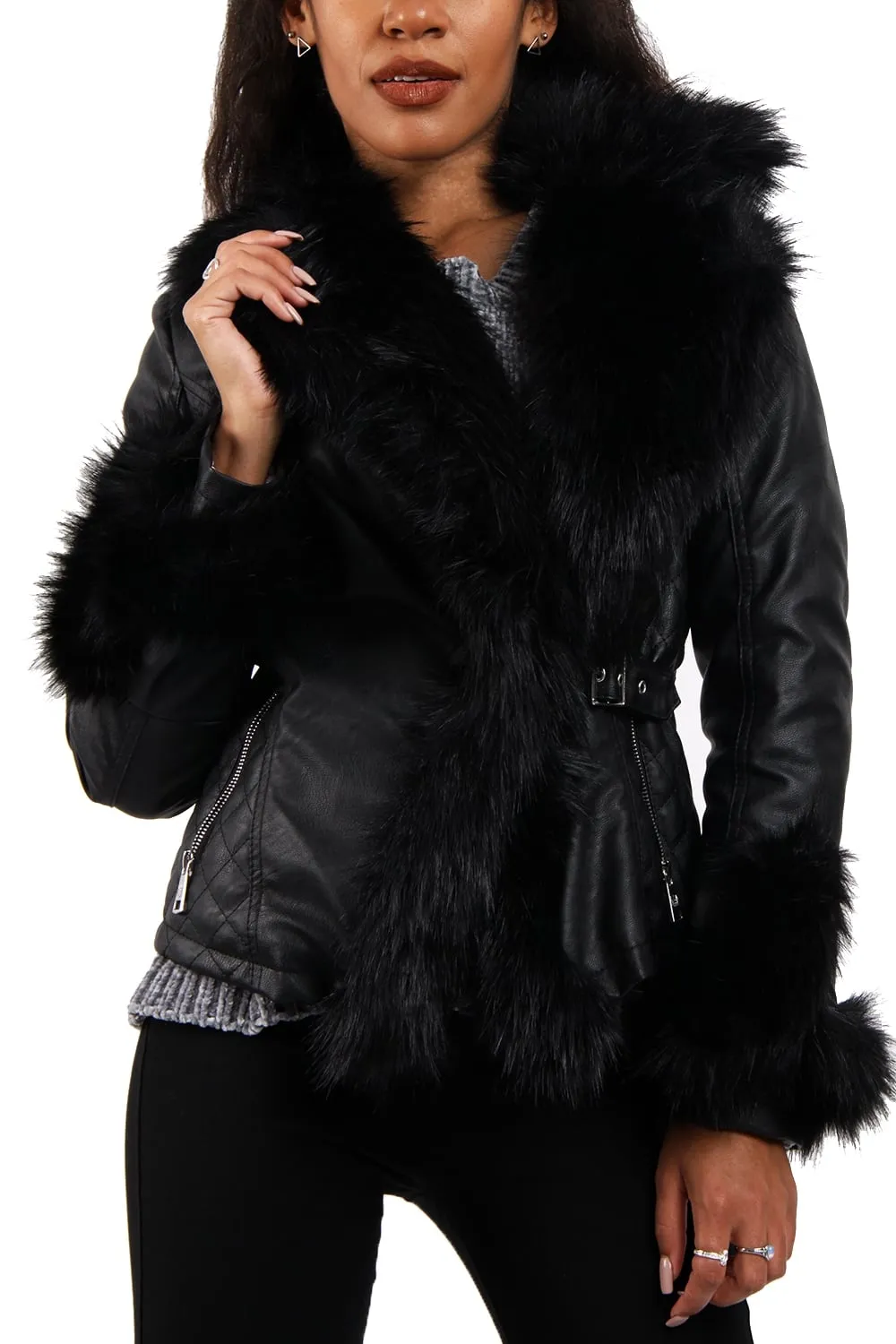 Faux Fur Belted Leather Look Biker Jacket