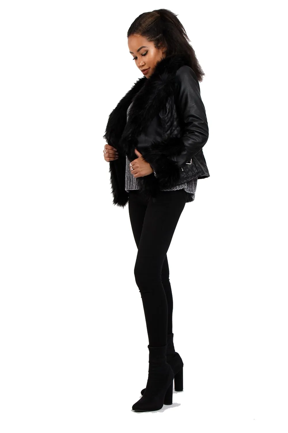 Faux Fur Belted Leather Look Biker Jacket