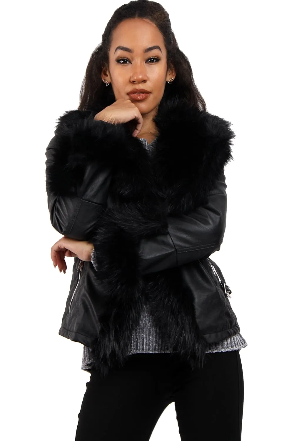 Faux Fur Belted Leather Look Biker Jacket