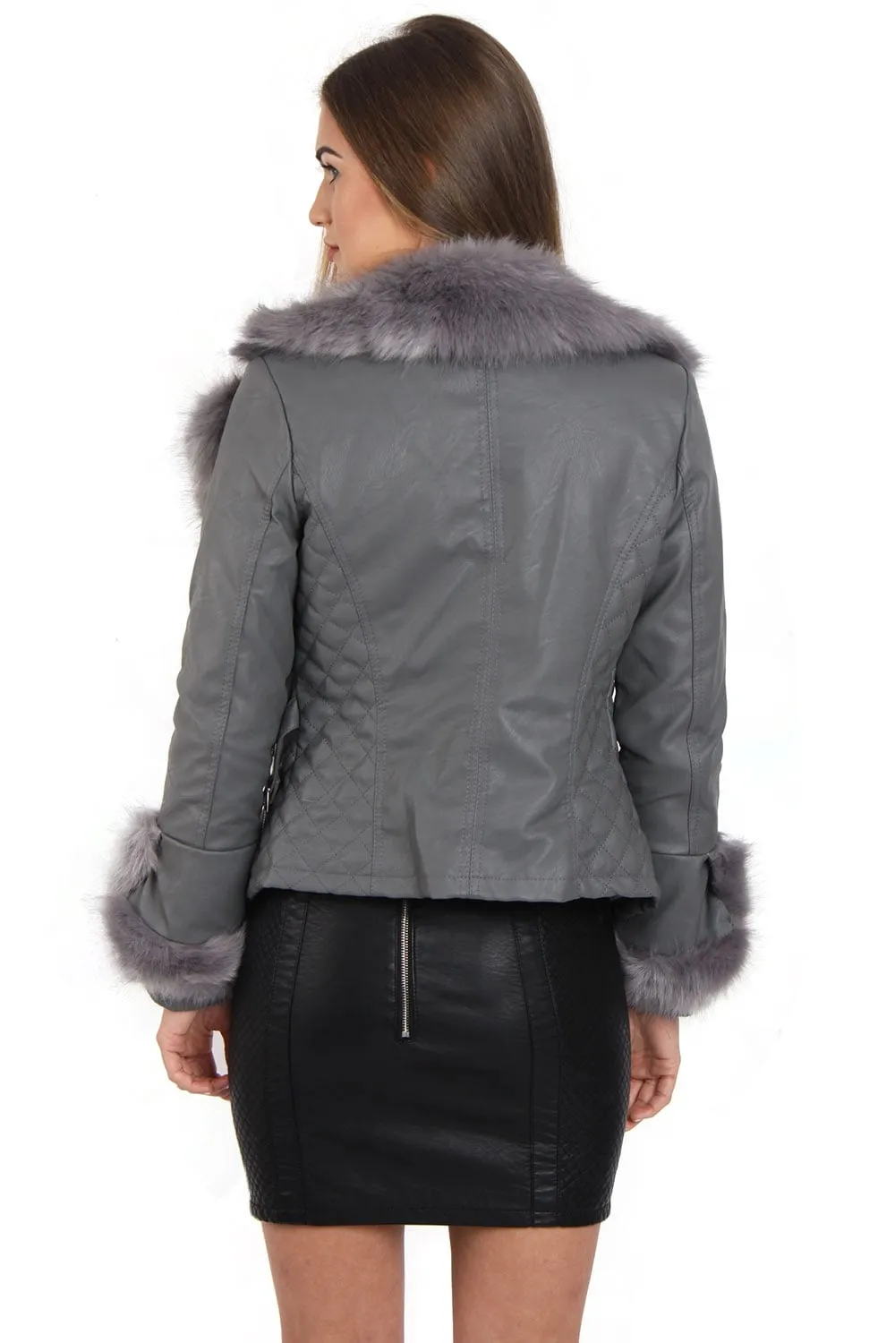 Faux Fur Belted Leather Look Biker Jacket