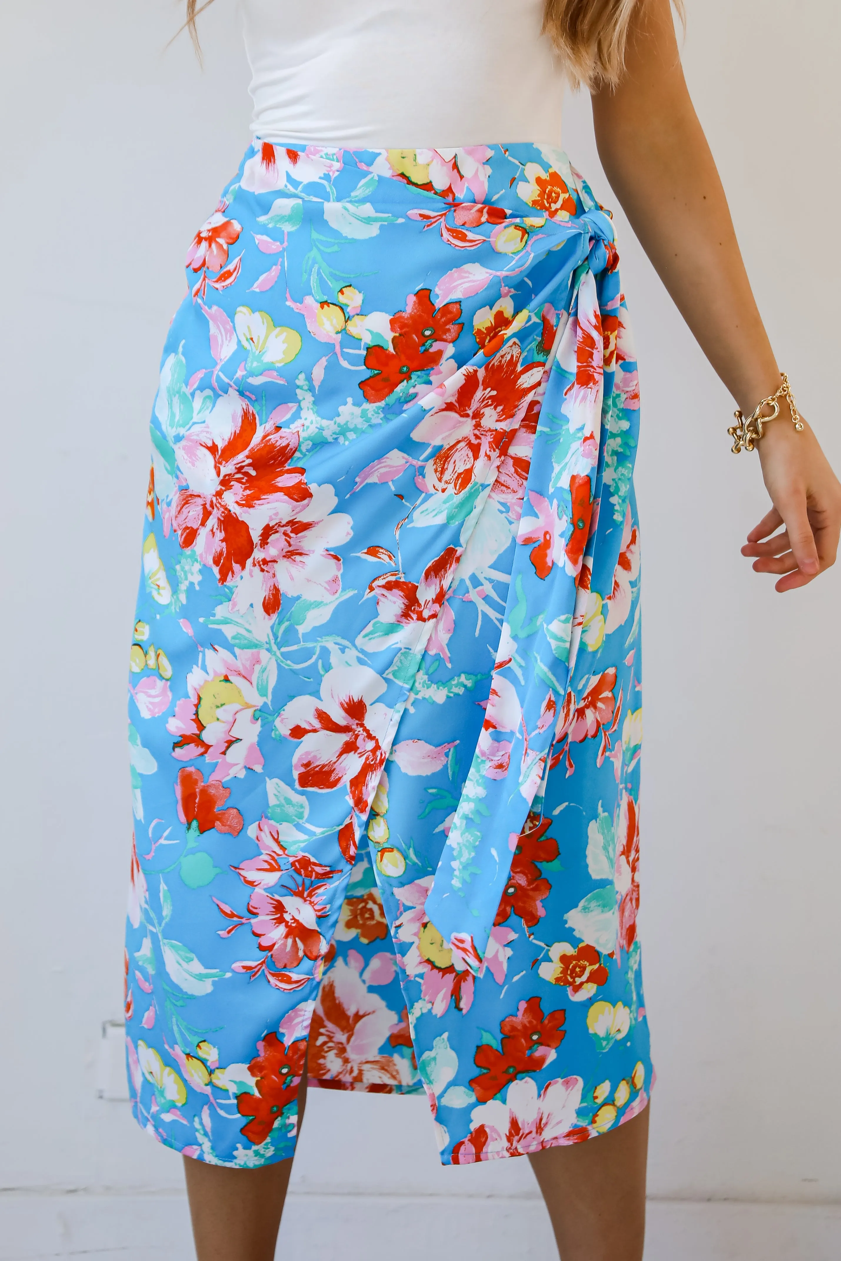 FINAL SALE - Tropical Sun Blue Floral Wrap Midi Skirt - DU DEAL