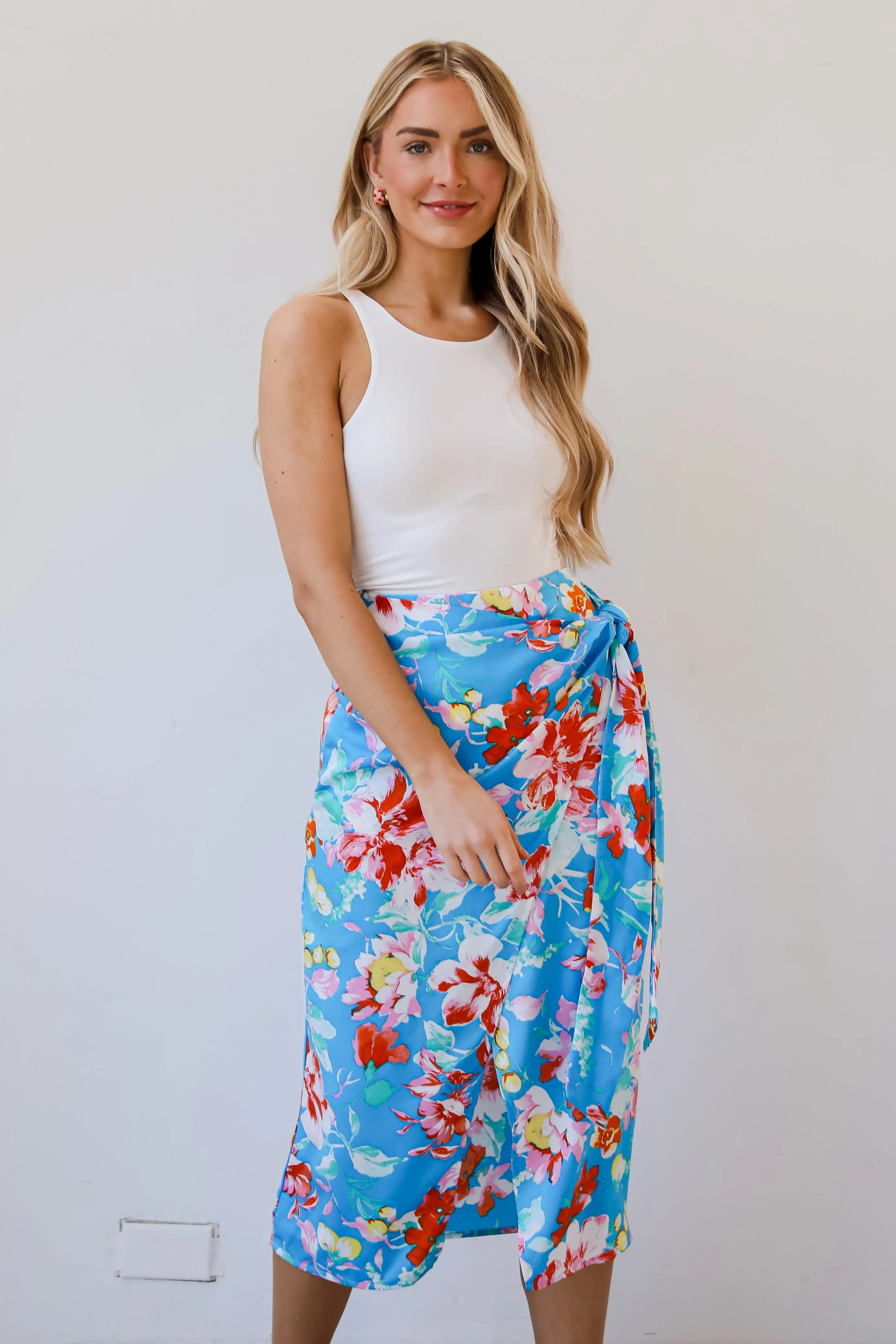 FINAL SALE - Tropical Sun Blue Floral Wrap Midi Skirt - DU DEAL