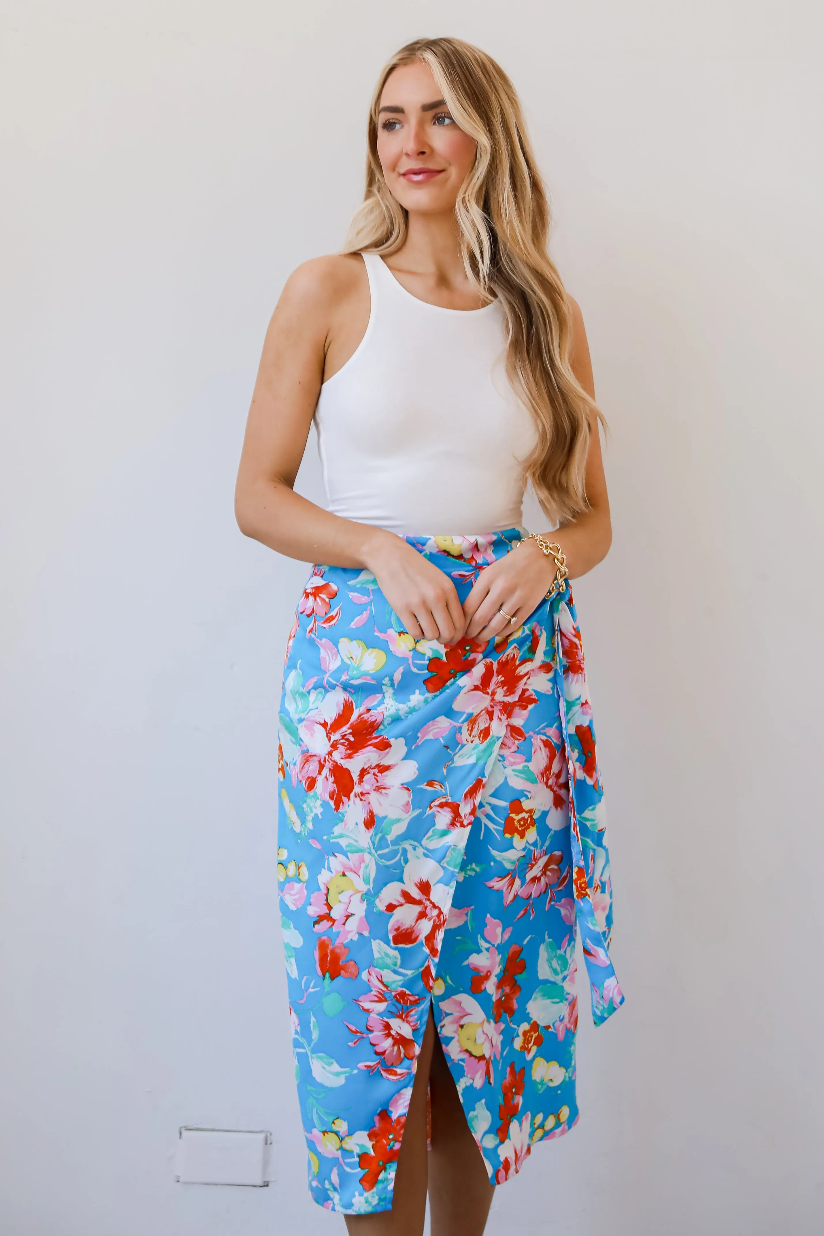 FINAL SALE - Tropical Sun Blue Floral Wrap Midi Skirt - DU DEAL