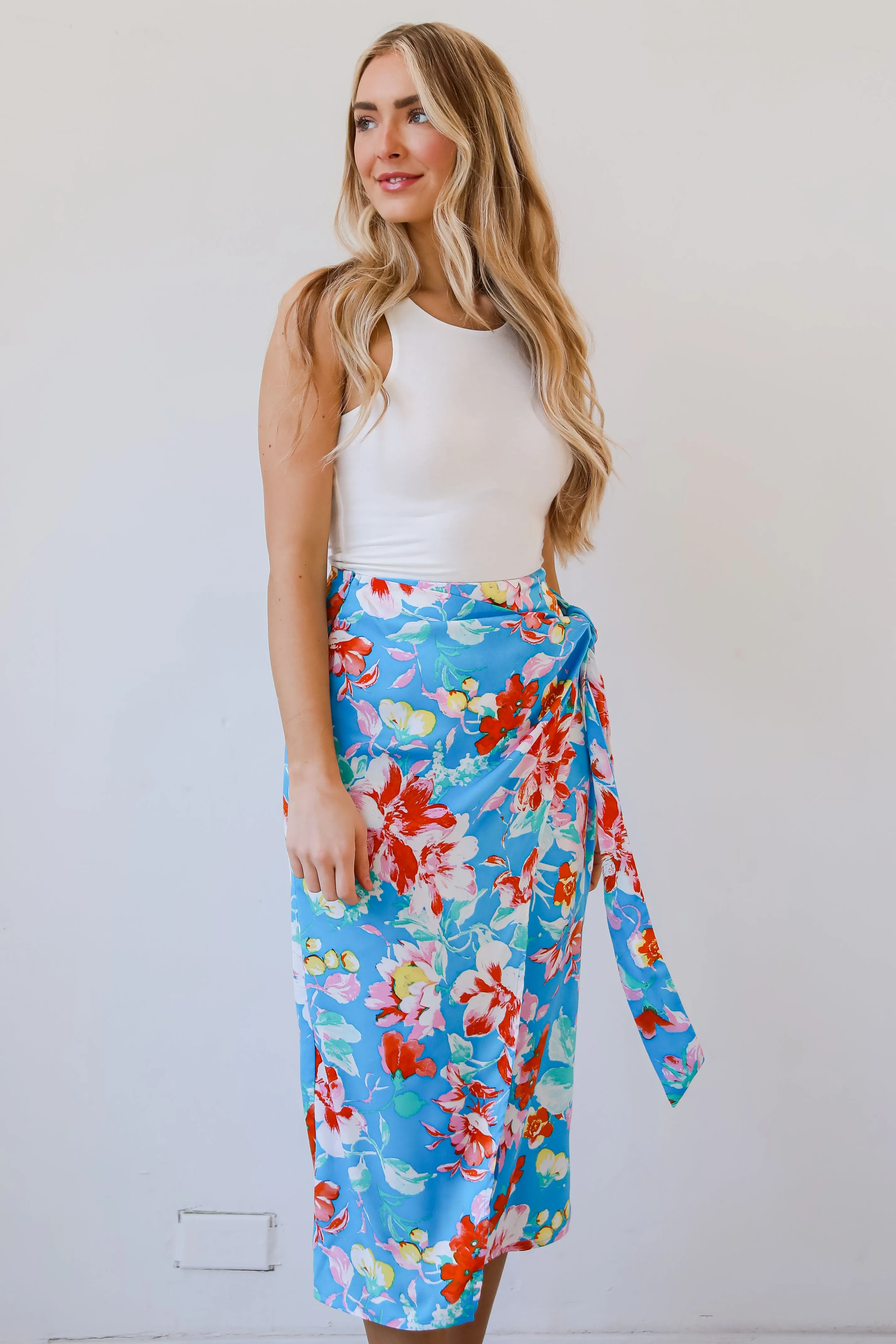 FINAL SALE - Tropical Sun Blue Floral Wrap Midi Skirt - DU DEAL