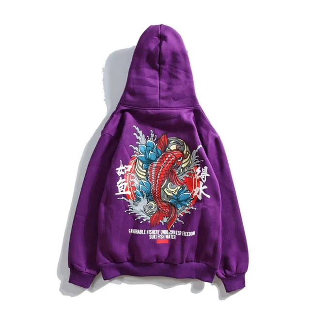 Fish Chinese Letter Printed Hooded Pullover Sweatshirt