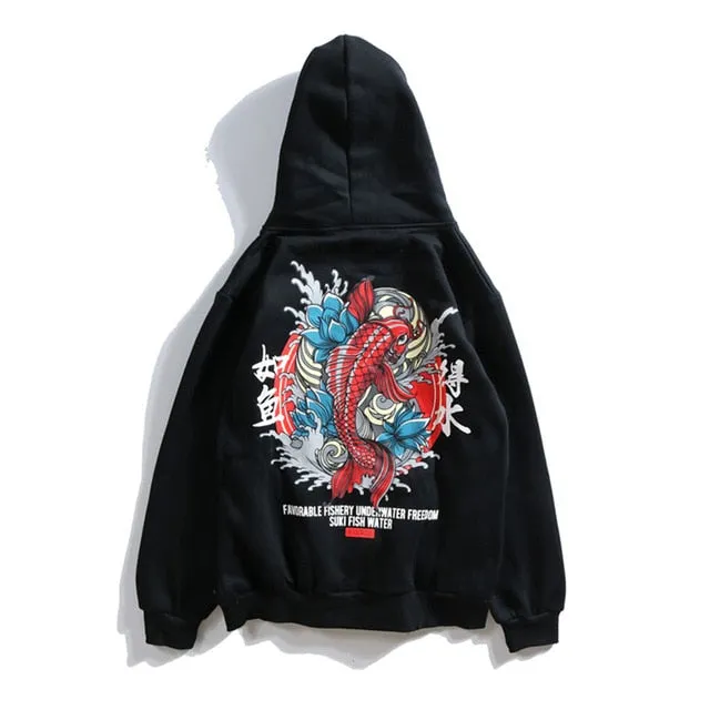 Fish Chinese Letter Printed Hooded Pullover Sweatshirt