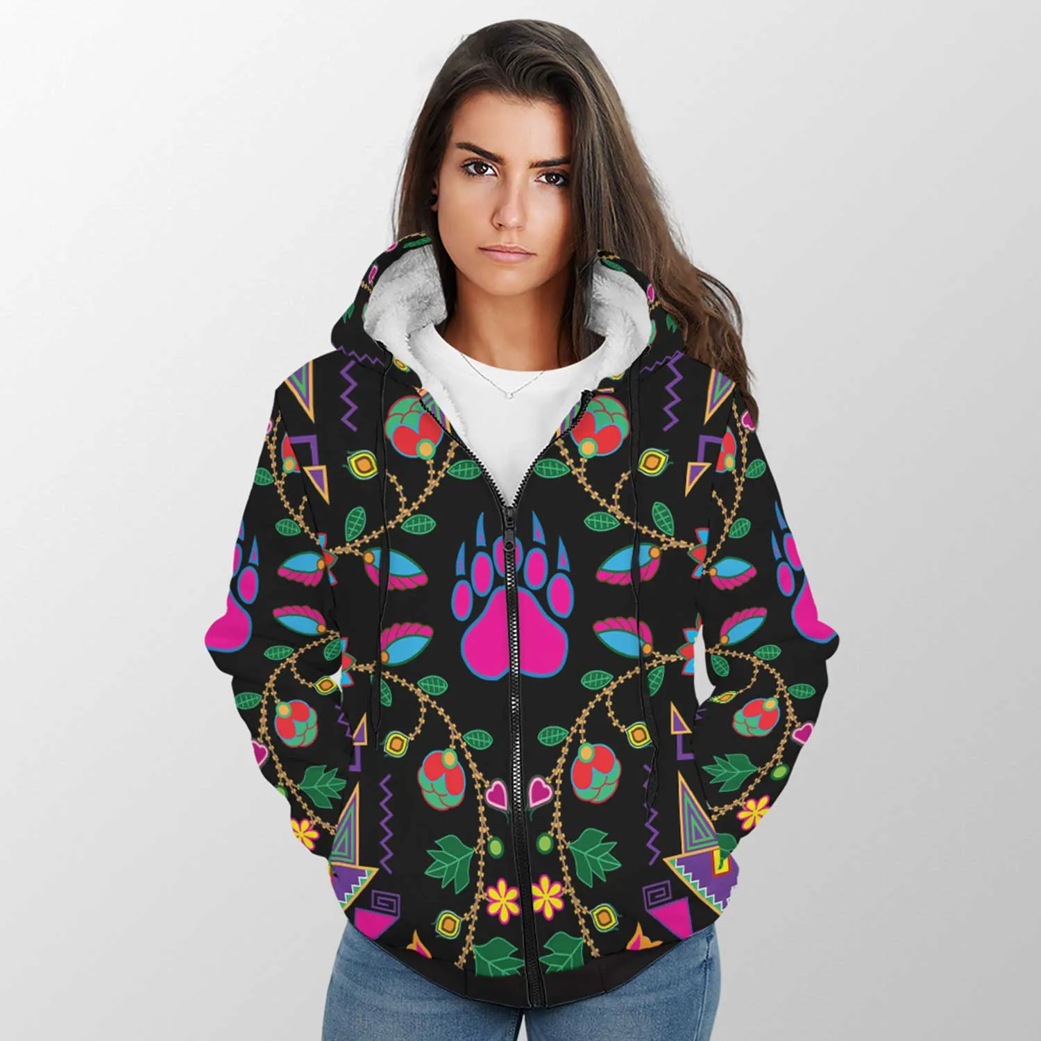 Geometric Floral Fall Sherpa Hoodie