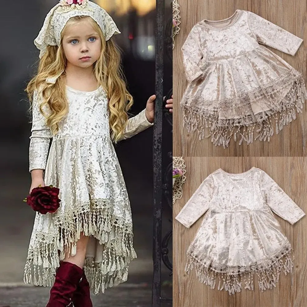 Girls Boho Crushed Velvet Tassel Dress , Toddler Flower Girl Dress Velvet