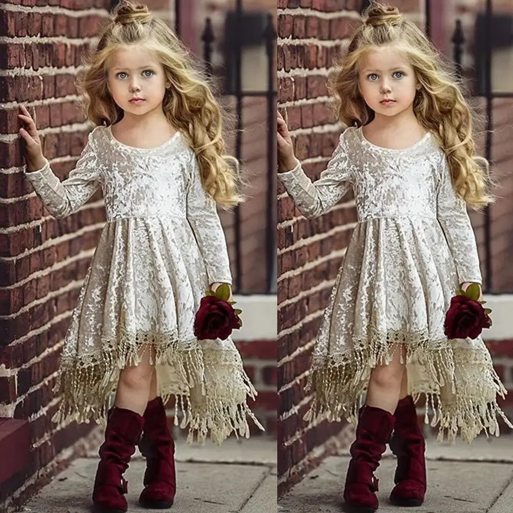 Girls Boho Crushed Velvet Tassel Dress , Toddler Flower Girl Dress Velvet