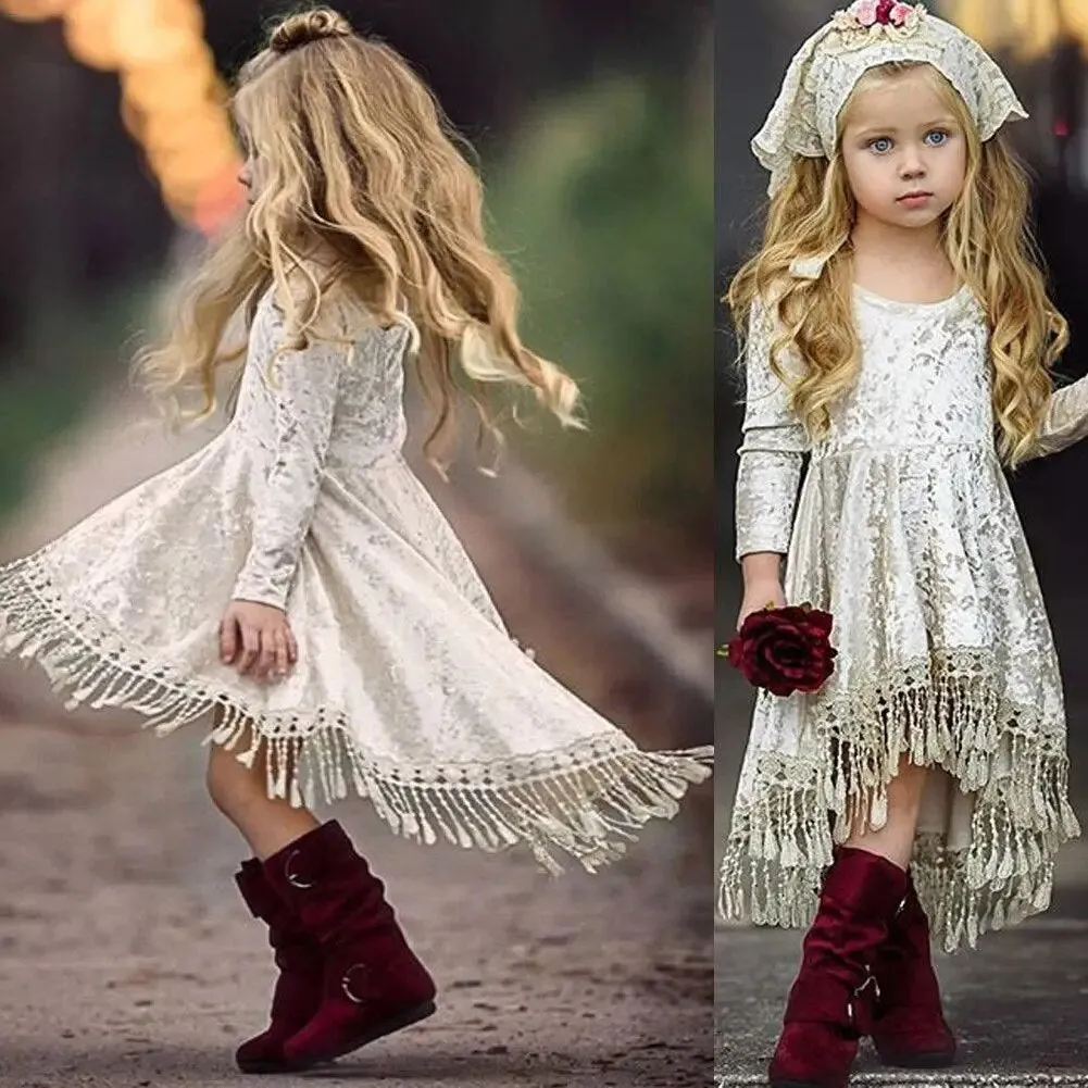 Girls Boho Crushed Velvet Tassel Dress , Toddler Flower Girl Dress Velvet