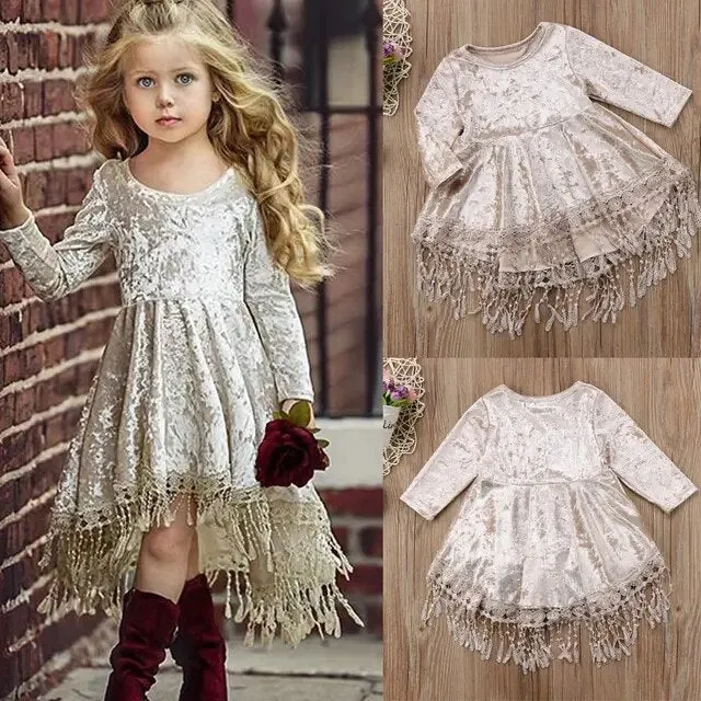 Girls Boho Crushed Velvet Tassel Dress , Toddler Flower Girl Dress Velvet