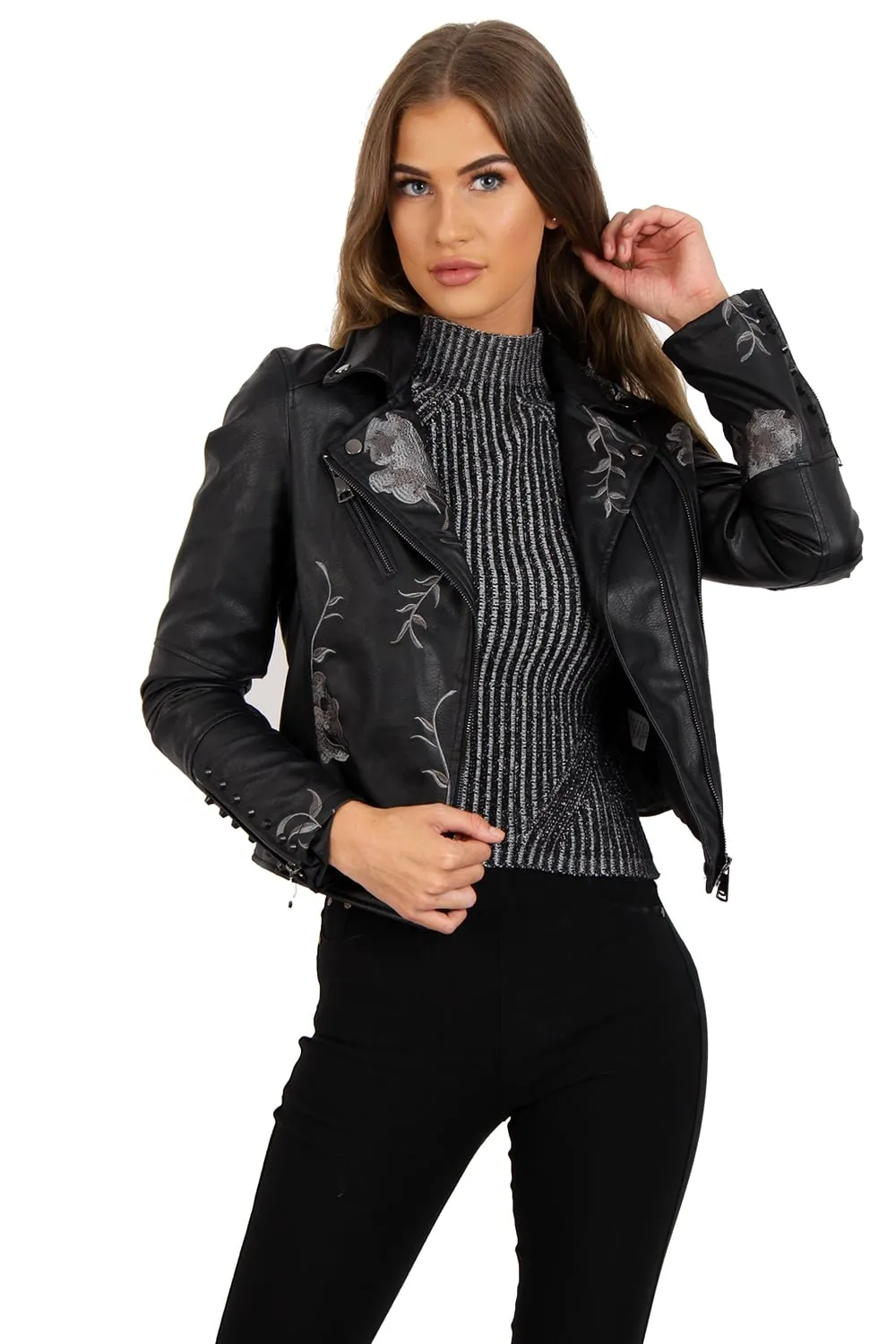 Grey Floral Embroidered Studded Detail Faux Leather Biker Jacket