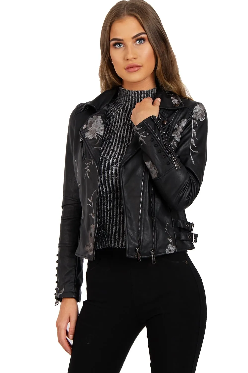 Grey Floral Embroidered Studded Detail Faux Leather Biker Jacket