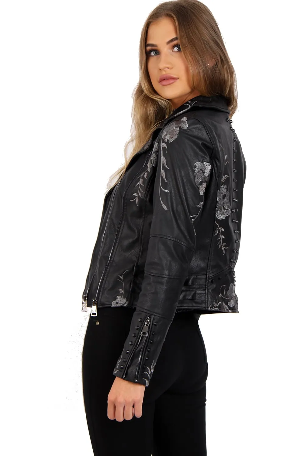 Grey Floral Embroidered Studded Detail Faux Leather Biker Jacket