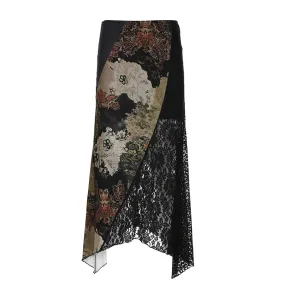 Grunge Printed Boho Maxi Skirt Asymmetrical Lace Patchwork Graphic Printed Fairycore Women Skirt Vintage Clothes Chic