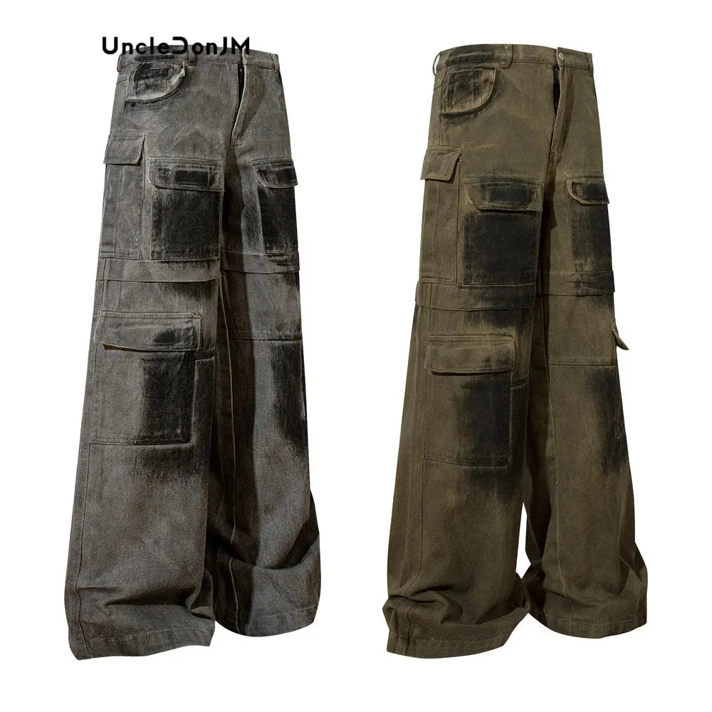 Heavy Industry Spray Paint Distressed Baggy Jeans with Loose Cargo Pants