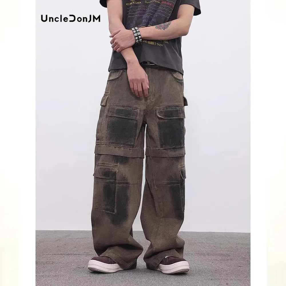 Heavy Industry Spray Paint Distressed Baggy Jeans with Loose Cargo Pants