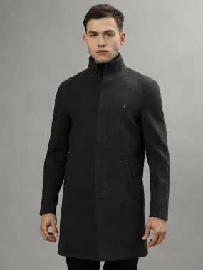 Iconic Men Grey Solid Stand Collar Long Sleeves Overcoat