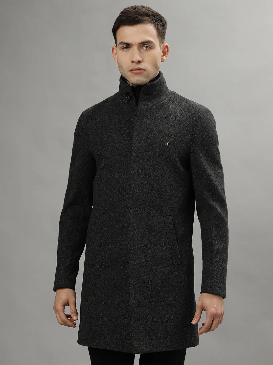 Iconic Men Grey Solid Stand Collar Long Sleeves Overcoat