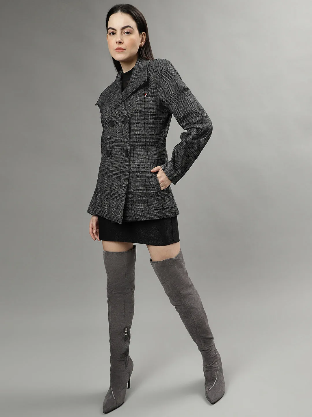 Iconic Women Black Checked Spread Collar Full Sleeves Coat