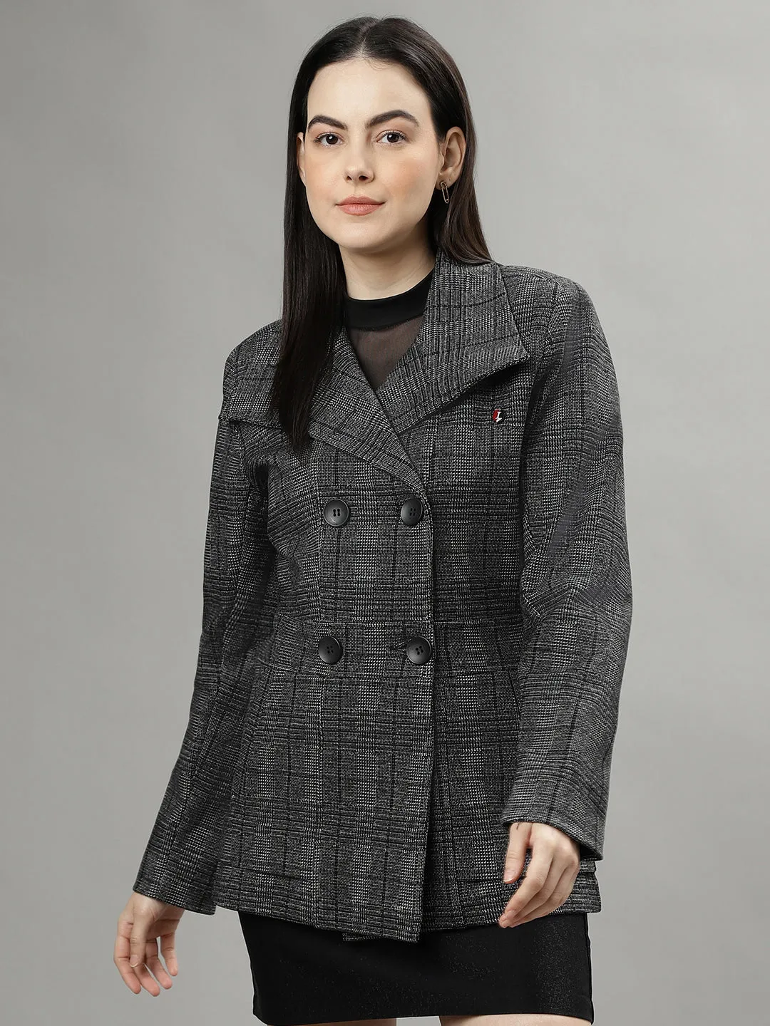 Iconic Women Black Checked Spread Collar Full Sleeves Coat