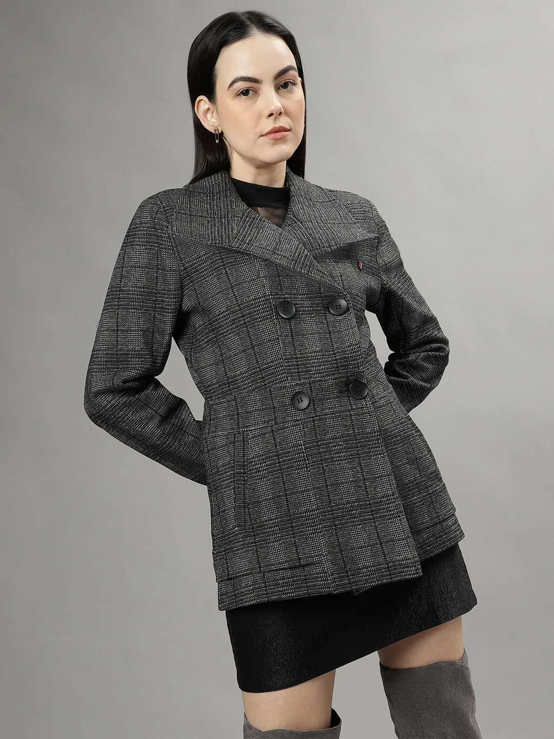 Iconic Women Black Checked Spread Collar Full Sleeves Coat