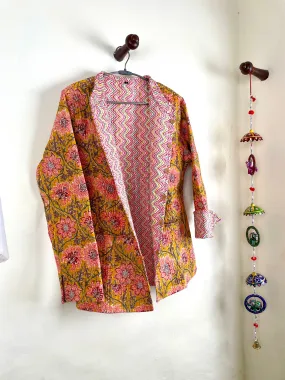 Indian Handmade Quilted Cotton Fabric Jacket Stylish Yellow & Peach Floral Women's Coat, Reversible Jacket for Her