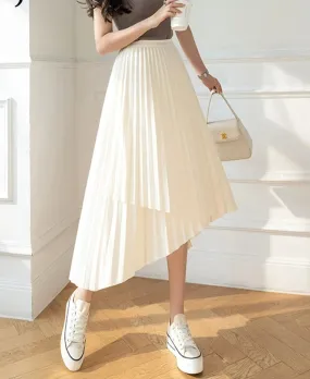 Irregular Pleated Skirt Women's Spring Summer New High-Waisted A-Line Thin Elastic Waist Mid-Length Skirt Women