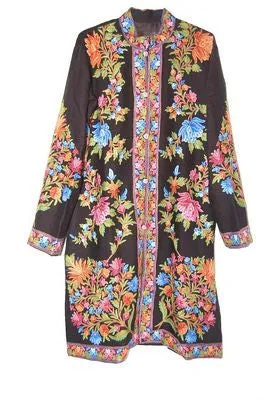 Kashmiri Woolen Coat Black, Multicolor Embroidery #AO-125