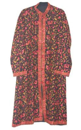 Kashmiri Woolen Coat Black, Multicolor Embroidery #AO-129