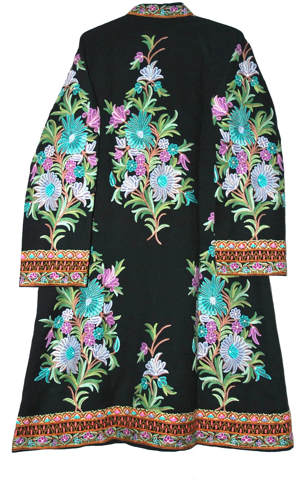 Kashmiri Woolen Coat Black, Multicolor Embroidery #AO-1612