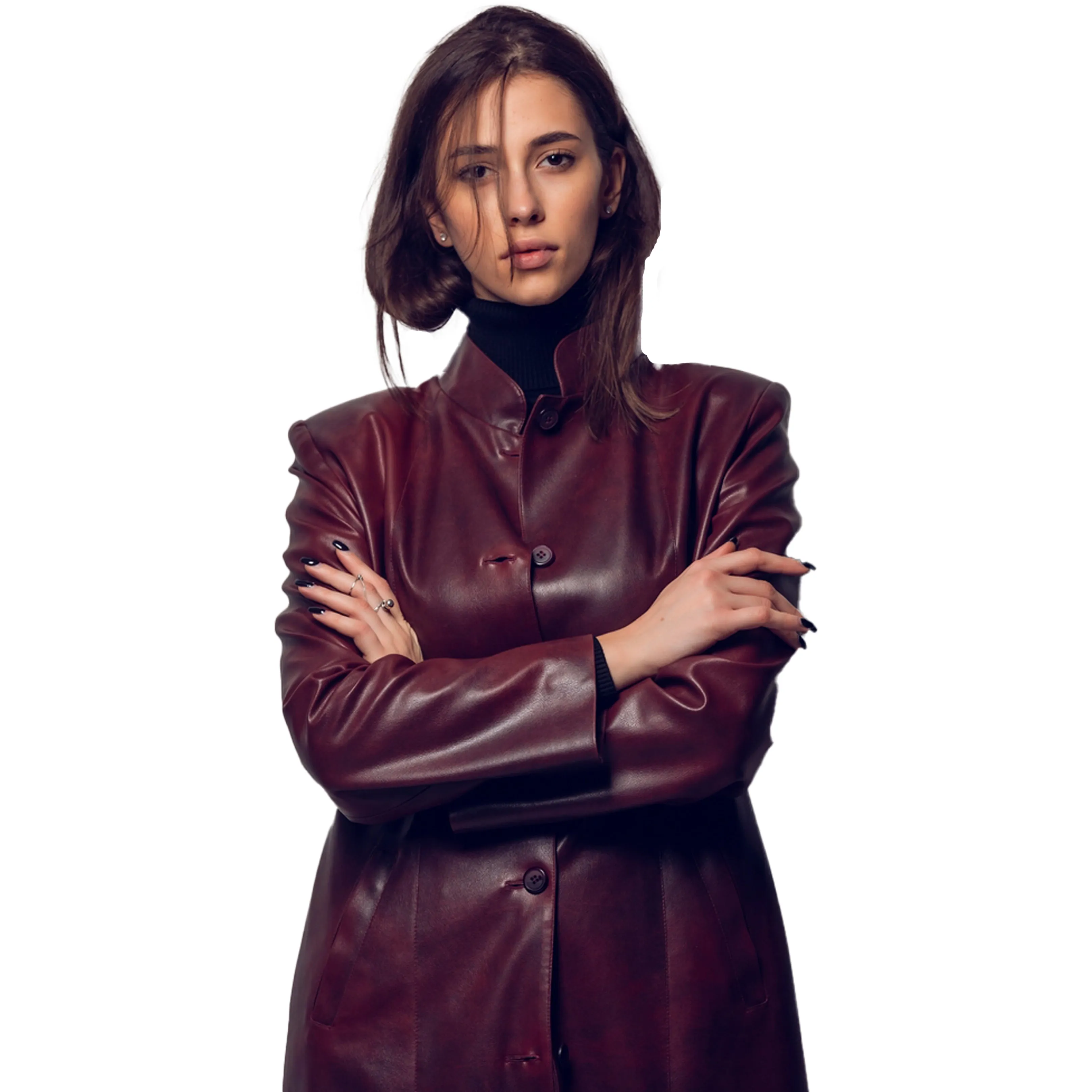 Kasper Women's Genuine Leather Long Coat Burgundy