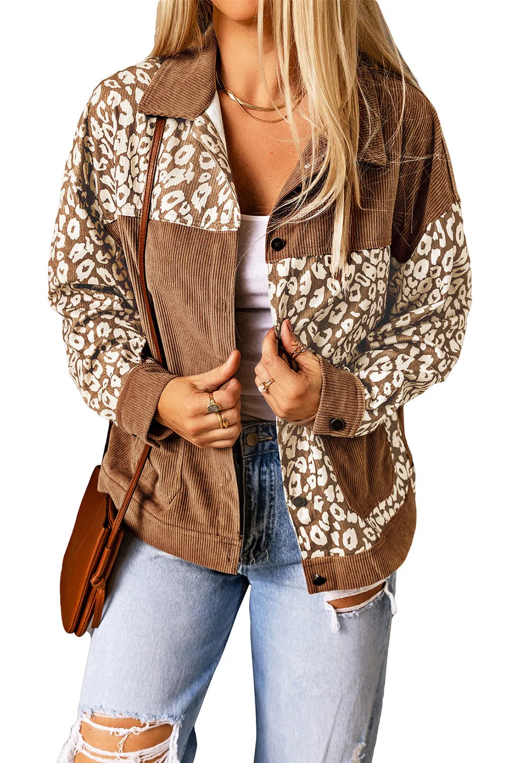 Leopard Print Corduroy Long Sleeve Jacket