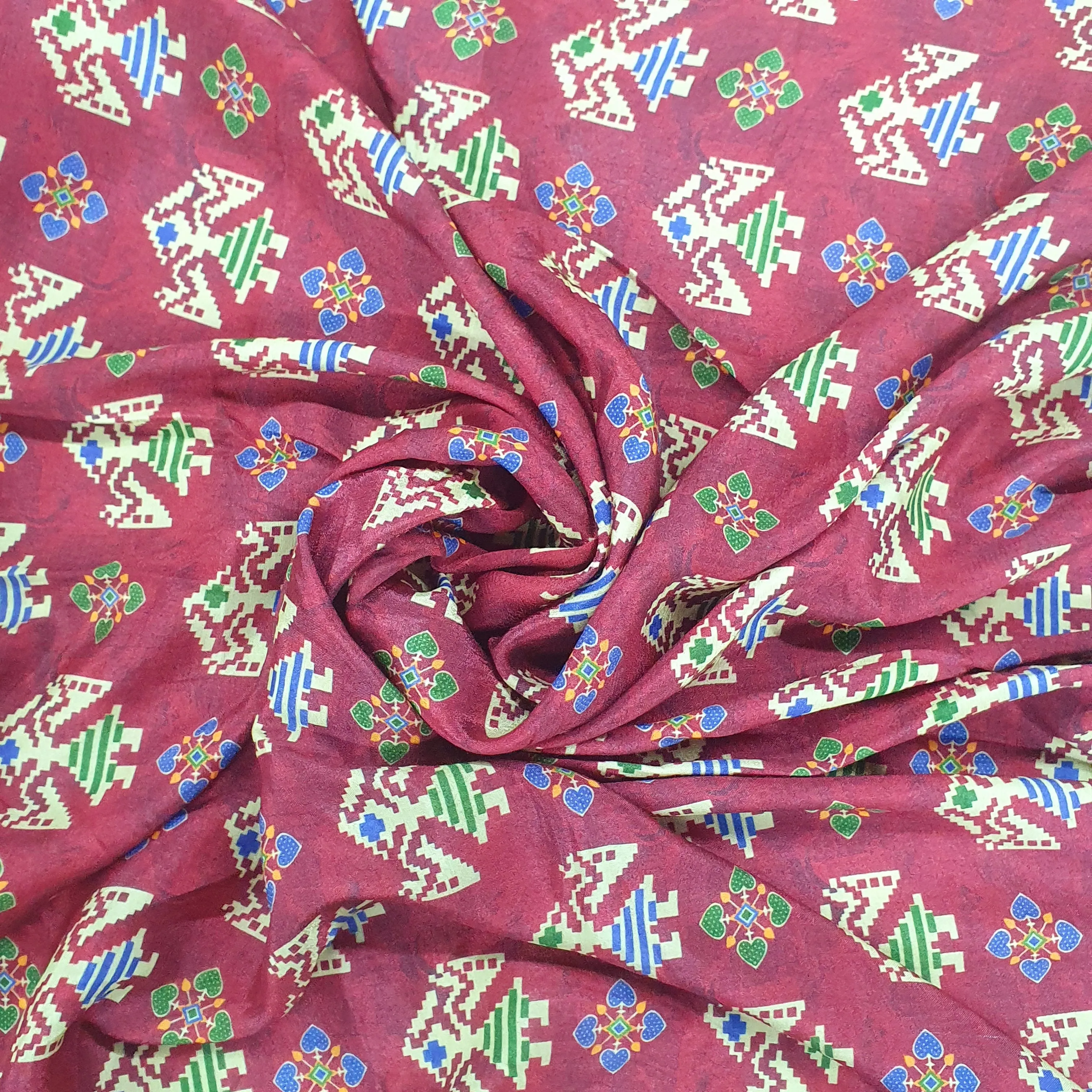 Maroon Green Ikkat Patola Print Cotton Silk Fabric