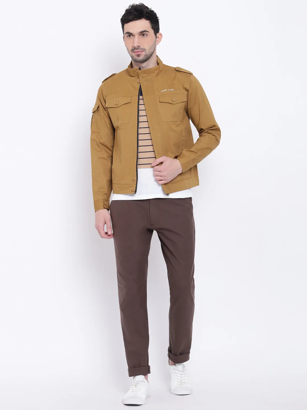 Men Casual Solid Beige Tailored Jacket