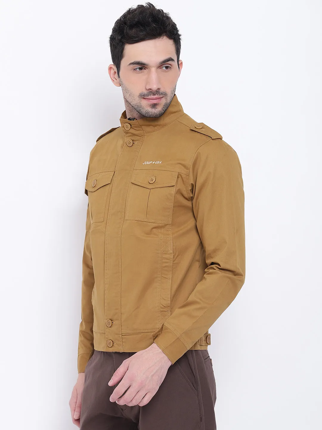 Men Casual Solid Beige Tailored Jacket